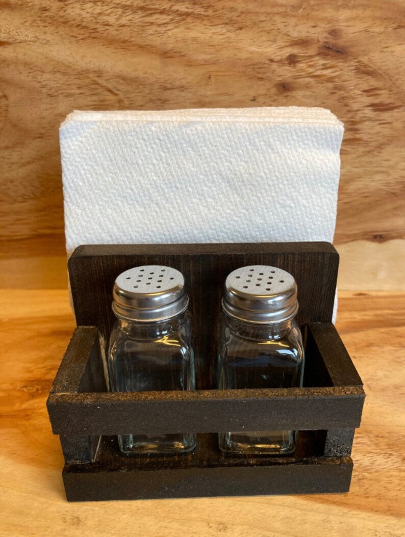Handcrafted Farmhouse Salt & Pepper Shaker & Napkin Holder – Solid Wood