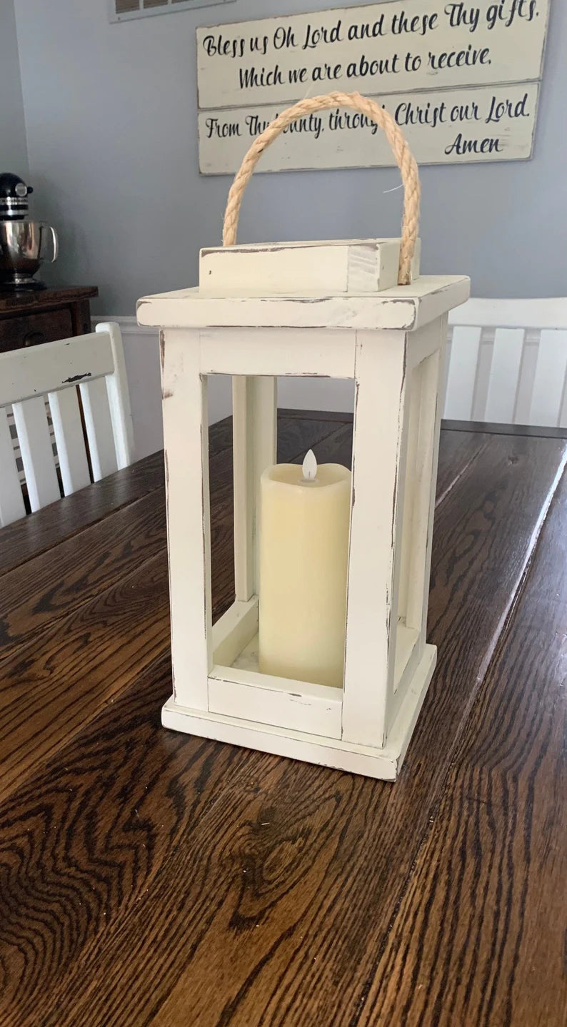 Distressed white wooden lantern