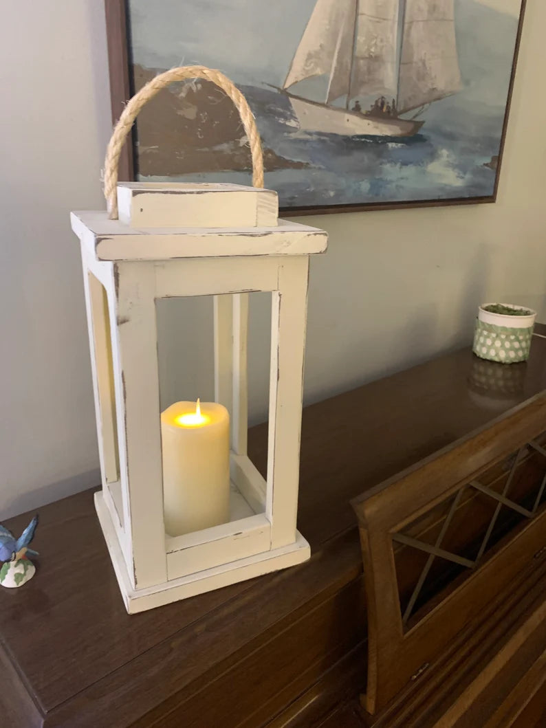 Distressed white wooden lantern