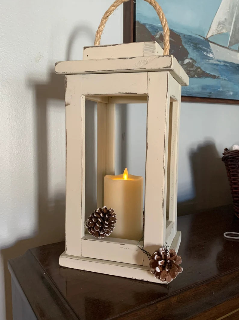 Distressed white wooden lantern