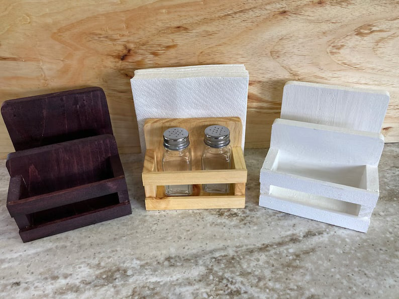 Handcrafted Farmhouse Salt & Pepper Shaker & Napkin Holder – Solid Wood