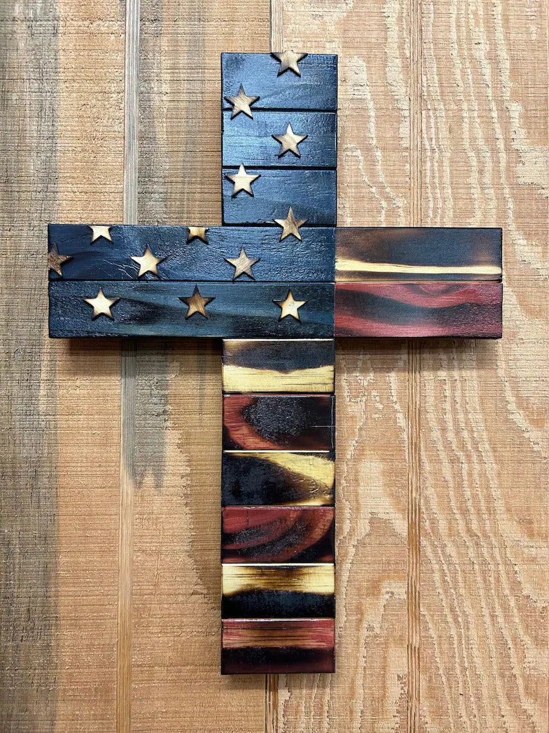 Handmade Wooden American Flag Cross – Rustic Wall Decor