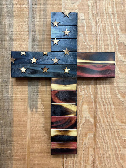 Handmade Wooden American Flag Cross – Rustic Wall Decor